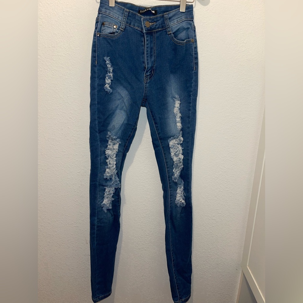 Fashion Nova Blue Skinny Ripped Jeans